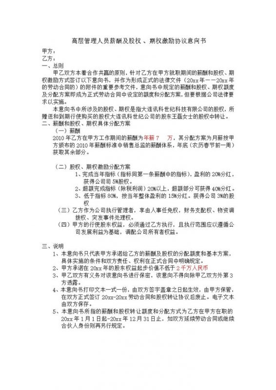 期权激励协议意向书word模板-办公资源网