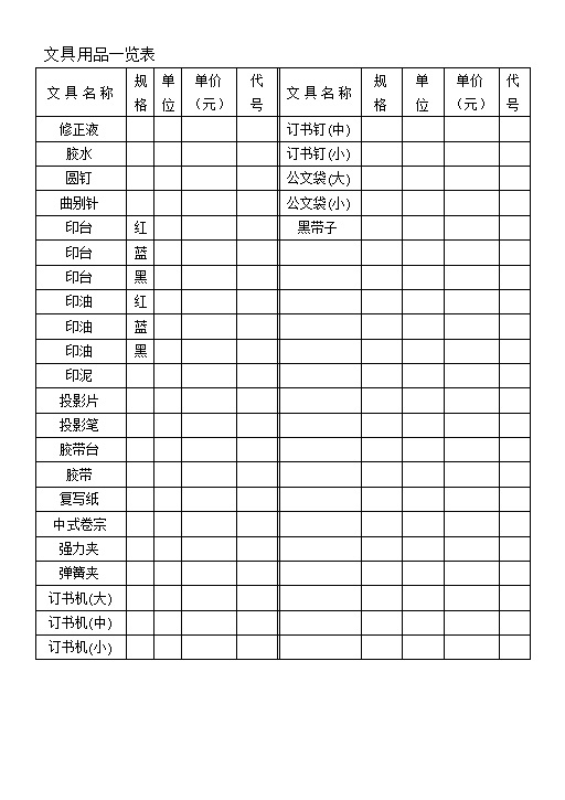 办公学习文具用品一览表Word模板-办公资源网