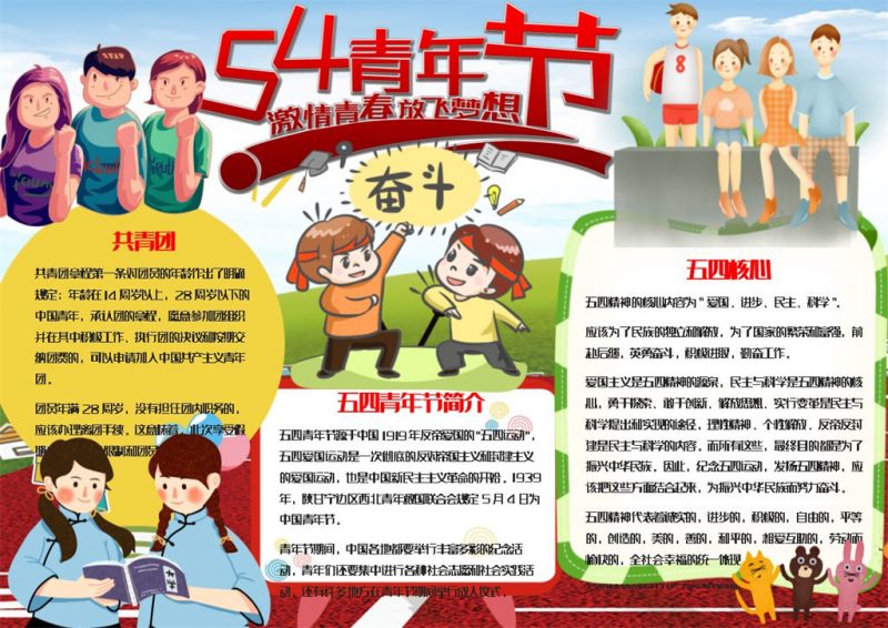 浓烈激情五四青年节日手抄报Word模板-办公资源网