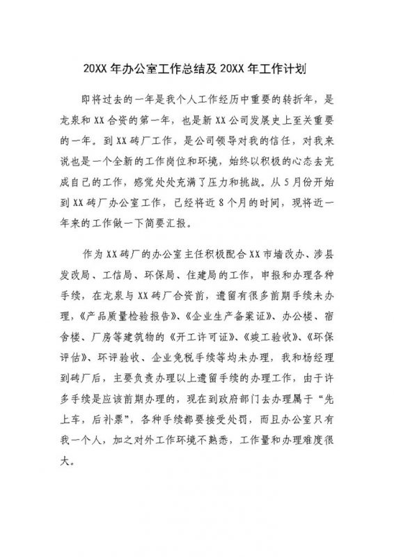20XX年办公室工作总结及20XX年工作计划Word模板-办公资源网