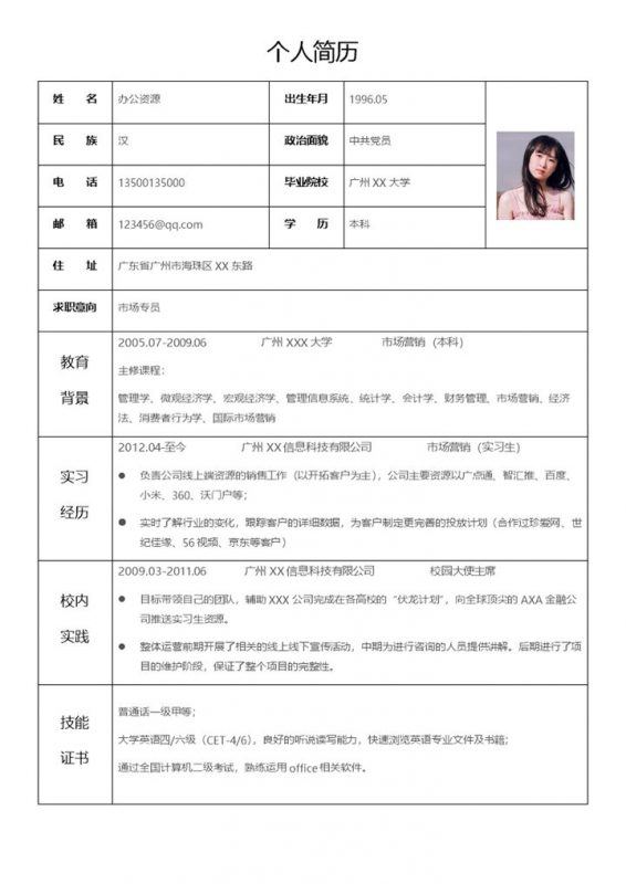 白色简约表格式个人简历Word模板-办公资源网