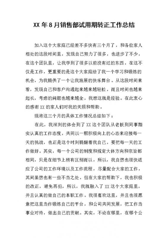 销售部员工个人试用期年终转正工作总结Word模板-办公资源网