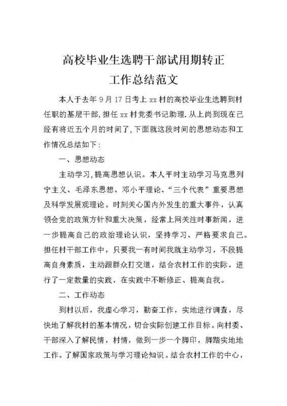 新版高校毕业生选聘干部试用期转正工作总结范文Word模板-办公资源网