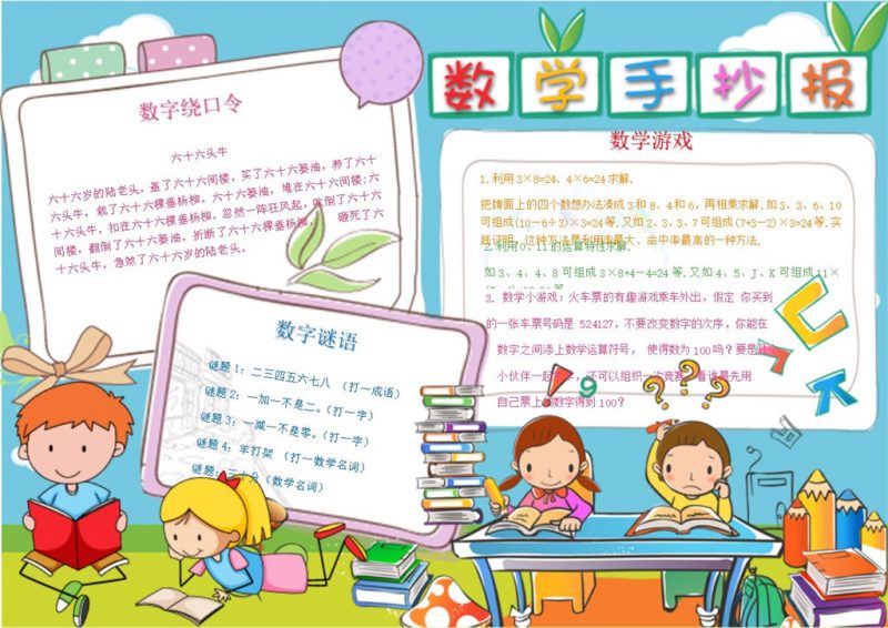 蓝绿色卡通小学生课堂数学手抄报Word模板-办公资源网