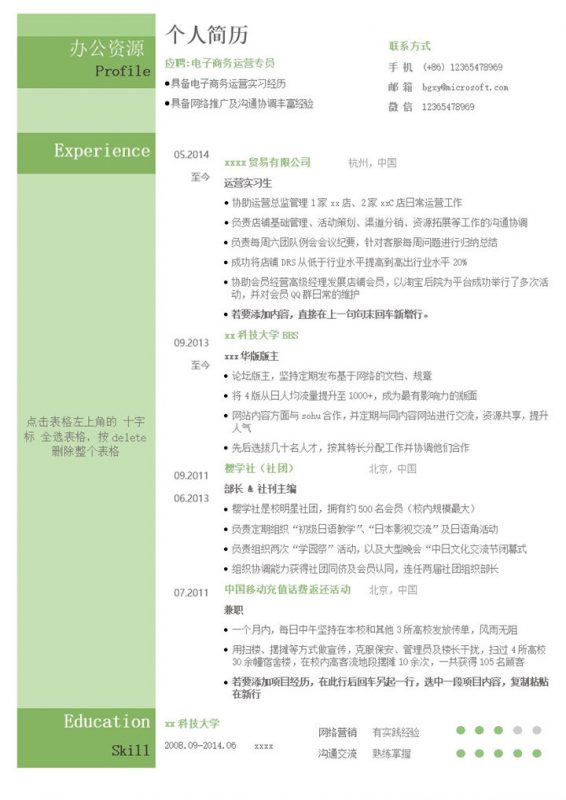 绿色通用个人简历模板求职意向填报word模板-办公资源网