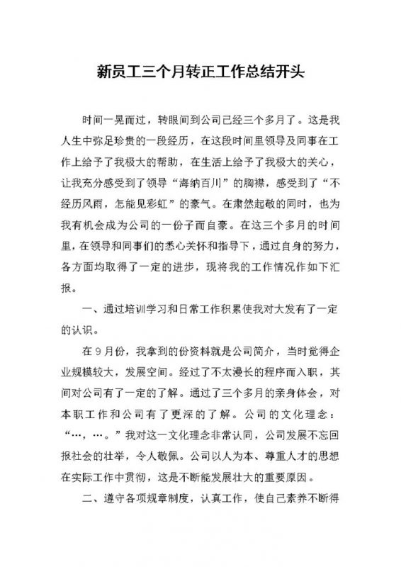 白色简约商场新员工三个月转正工作总结报告Word模板-办公资源网