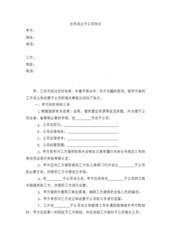 合作成立子公司协议范本word模板-办公资源网