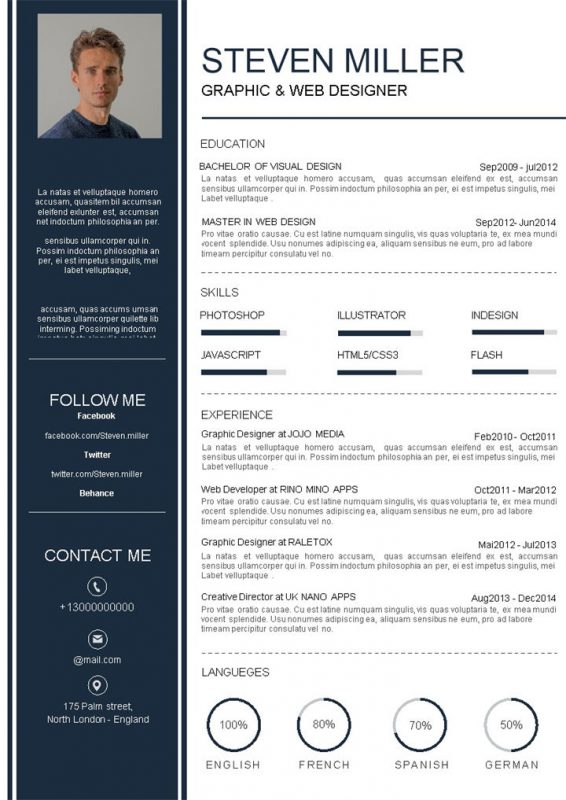 深蓝简约风设计师英文求职应聘简历Word模板-办公资源网