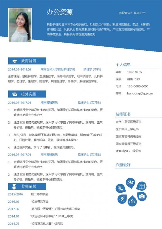 现代商务蓝临床护士求职应聘简历Word模板-办公资源网