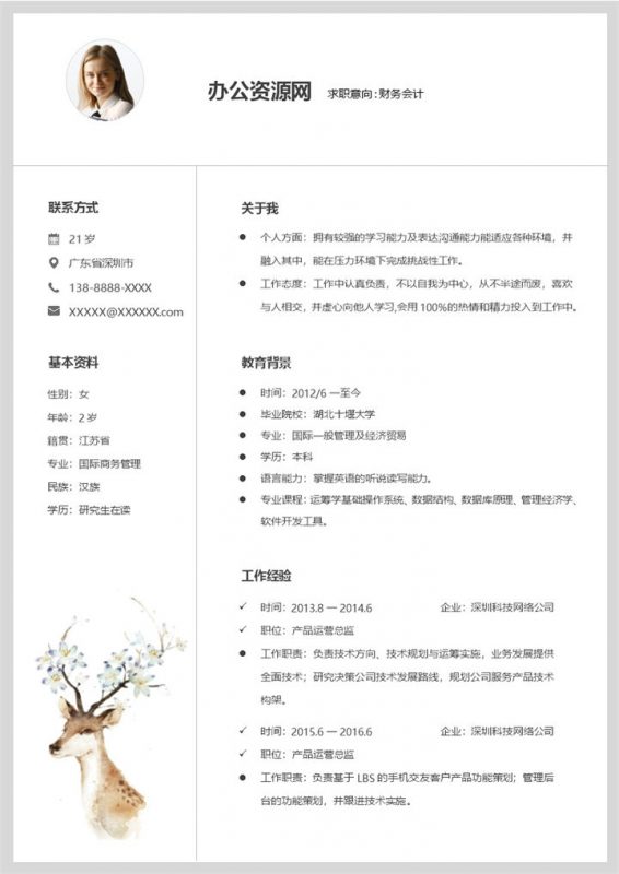 白色简约风格财务会计岗位个人求职简历Word模板-办公资源网