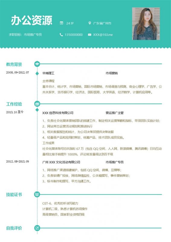 绿色简约风市场推广专员求职简历Word模板-办公资源网