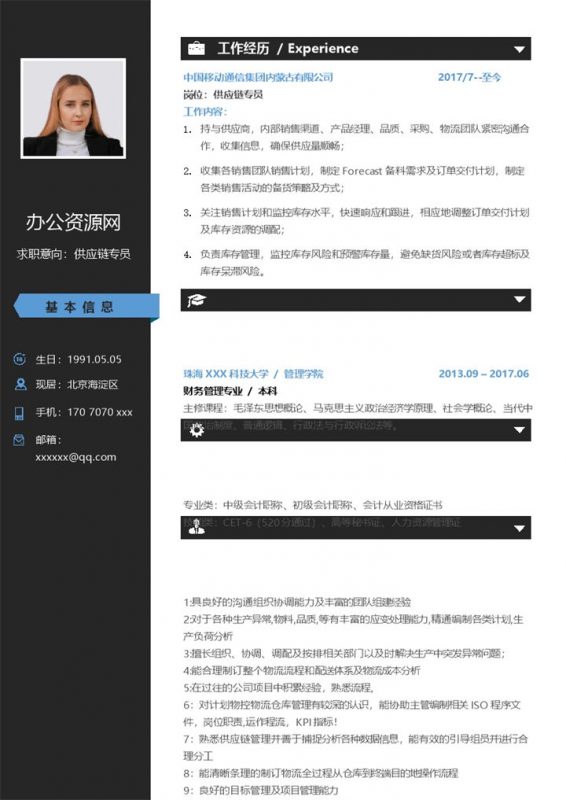 黑色商务风格供应链专员个人求职简历Word模板-办公资源网