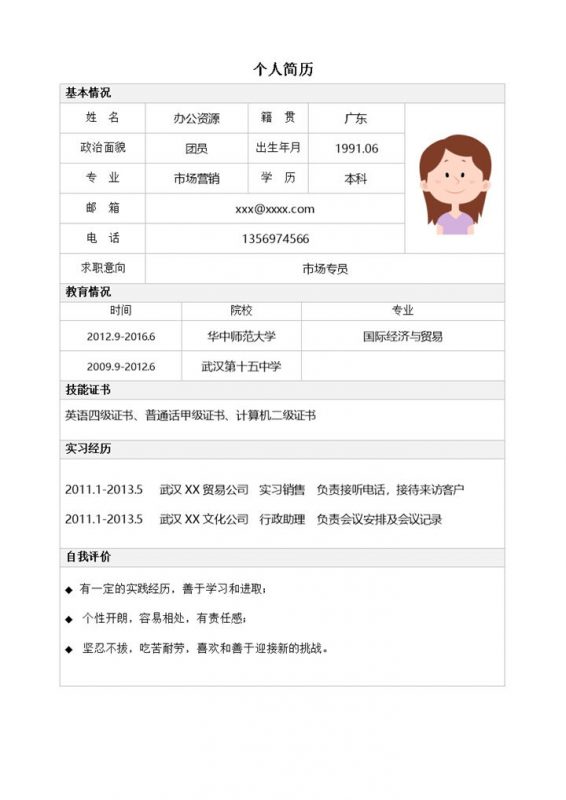 简单白色表格市场销售电话销售求职简历Word模板-办公资源网