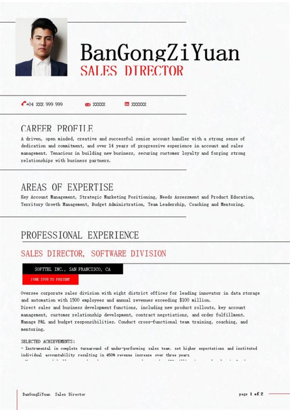 经典简约销售总监个人工作简历英文版Word模板-办公资源网