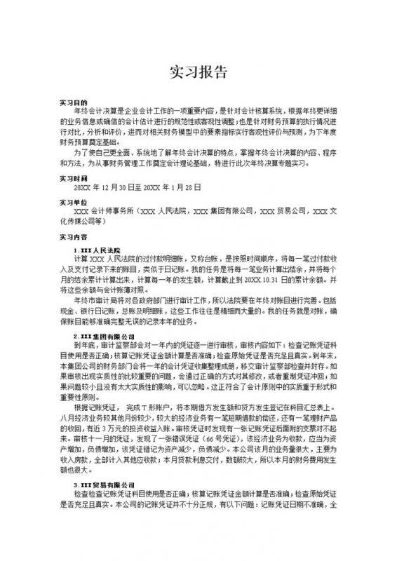 简约通用会计年终决算实习报告范本Word模板-办公资源网
