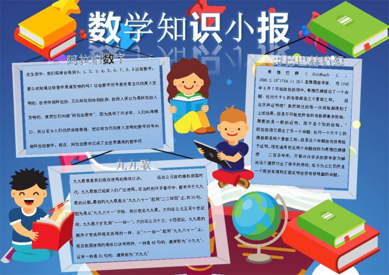深蓝色卡通儿童人物数学知识手抄报Word模板-办公资源网