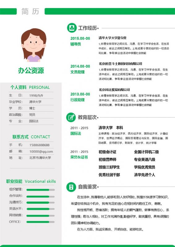 绿色简约word应聘市场推广职位求职简历模板-办公资源网