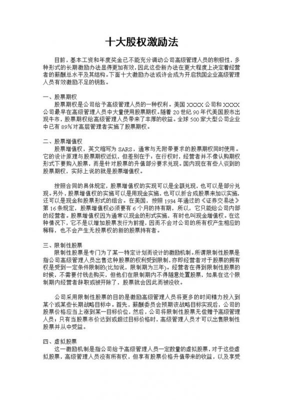 十大股权激励法企业期权激励公司期权激励协议Word模板-办公资源网