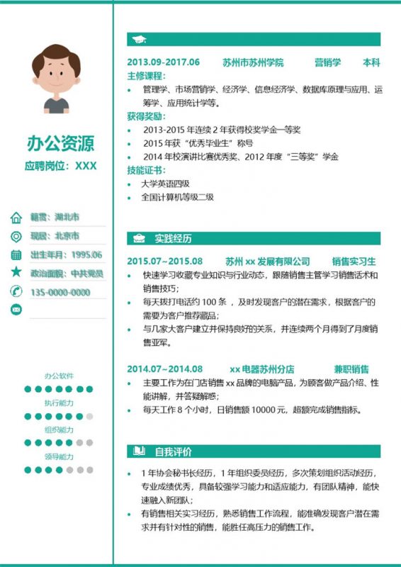 绿色时尚简洁销售助理个人简历Word模板-办公资源网