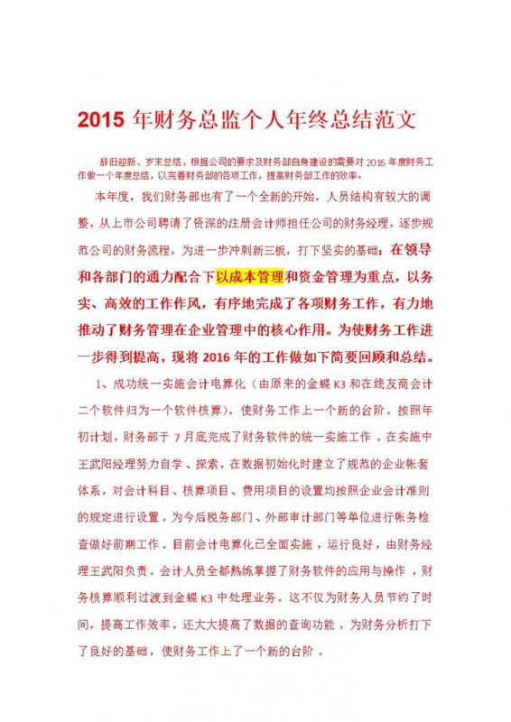 财务总监个人年终总结述职报告Word模板-办公资源网