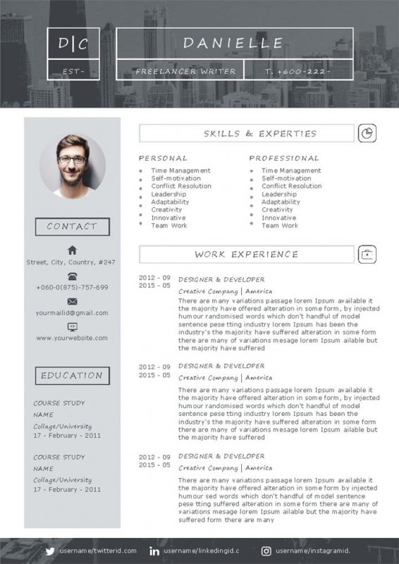 简约大气英文简历自由撰稿人作家通用个人简历求职简历Word模板-办公资源网