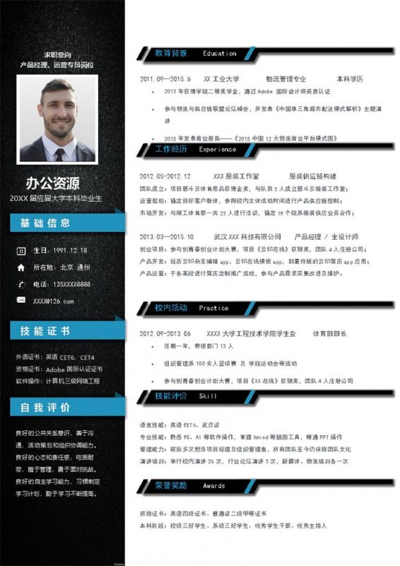 产品经理运营专员岗位个人工作简历Word模板-办公资源网