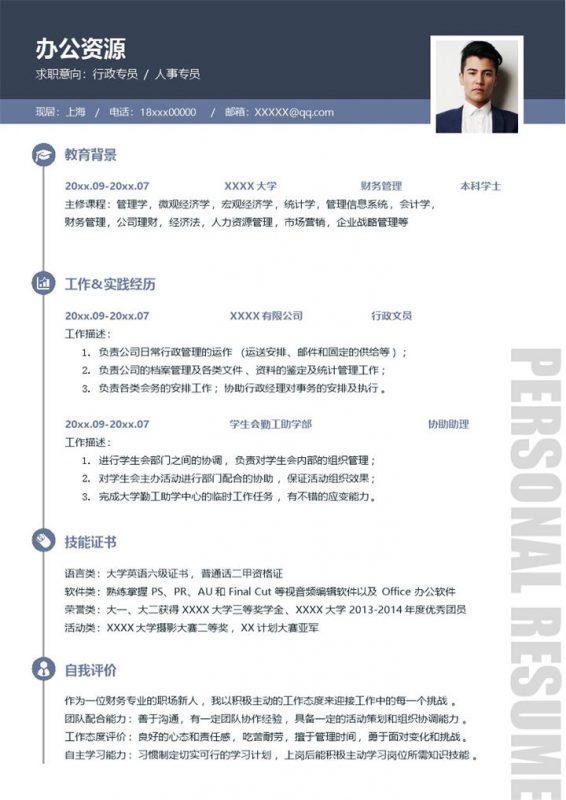 行政专员人事专员相关工作岗位个人求职简历Word模板-办公资源网