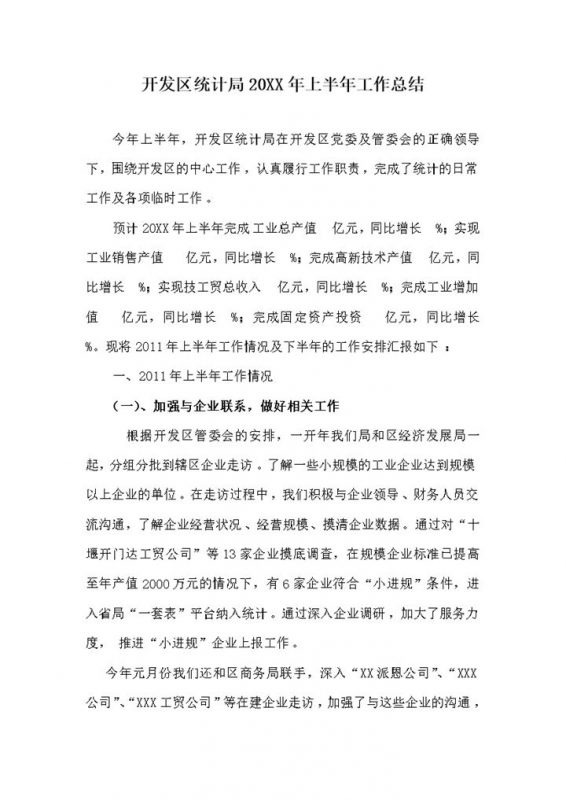 开发区统计局2020年上半年工作总结word模板-办公资源网