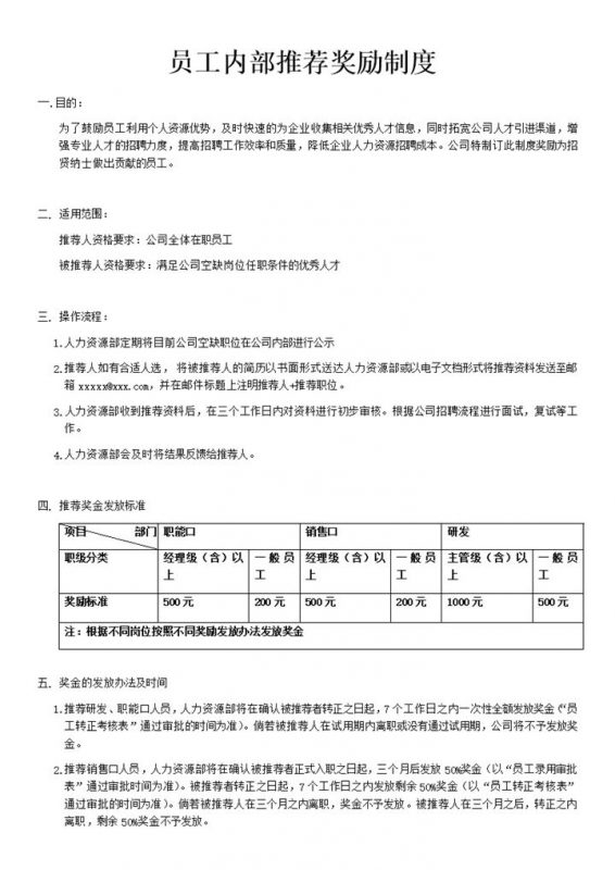 员工内部推荐奖励制度明细表word模板-办公资源网
