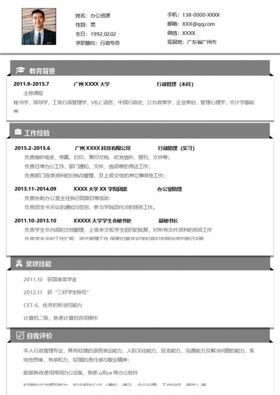 沉稳大气行政专员个人应聘简历Word模板-办公资源网