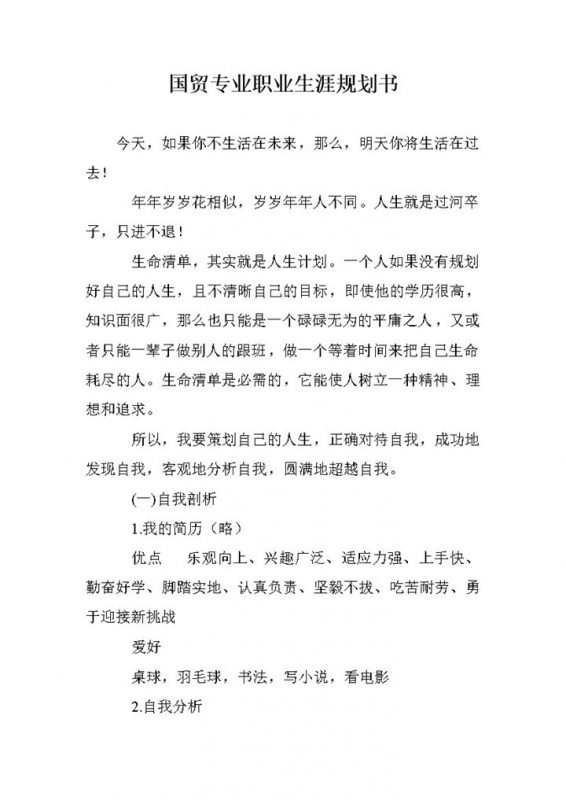 国贸专业大学生个人职业发展规划书Word模板-办公资源网