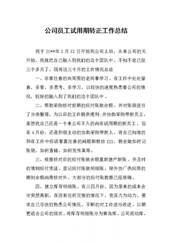 经典完整版公司员工试用期转正工作总结Word模板-办公资源网