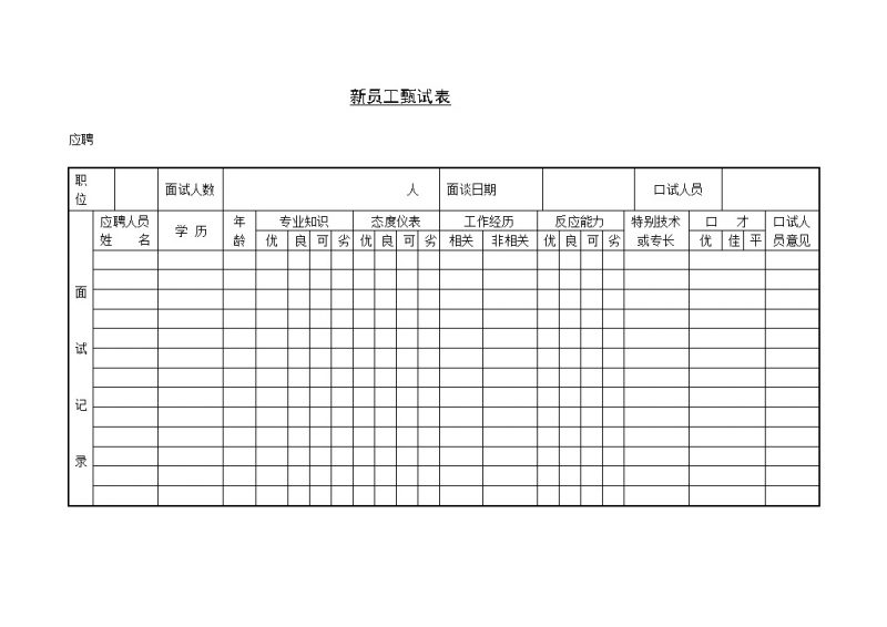 公司企业新员工应聘甄试表Word模板-办公资源网