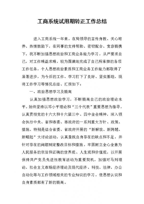 工商系统个人试用期转正工作总结年终总结Word模板-办公资源网