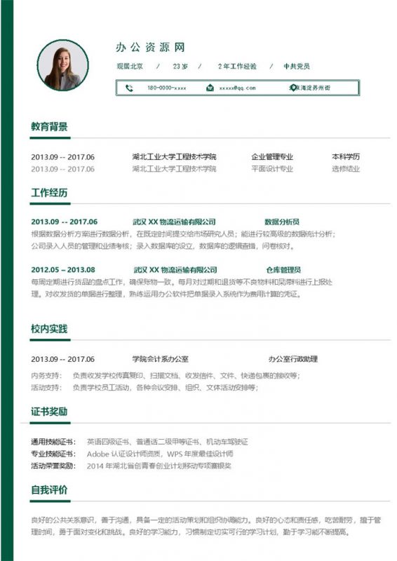 绿色小清新风格企业管理个人求职简历Word模板-办公资源网