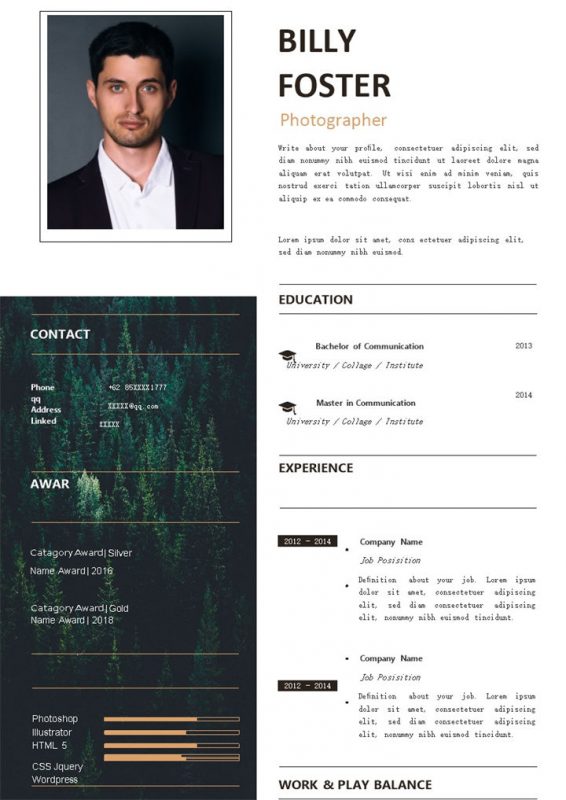 简约大气摄影师岗位个人通用英文简历Word模板-办公资源网