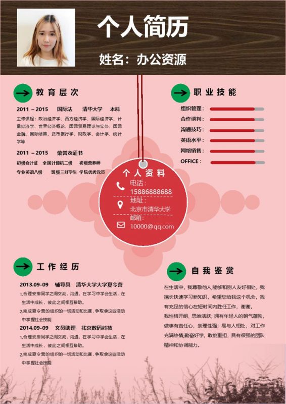 粉色个人简历word应聘市场推广简历模板-办公资源网