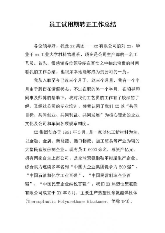 工艺员车间员工通用试用期转正工作总结范本Word模板-办公资源网