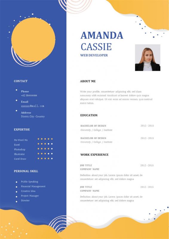 蓝黄色创意商务风格个人求职英文简历Word模板-办公资源网