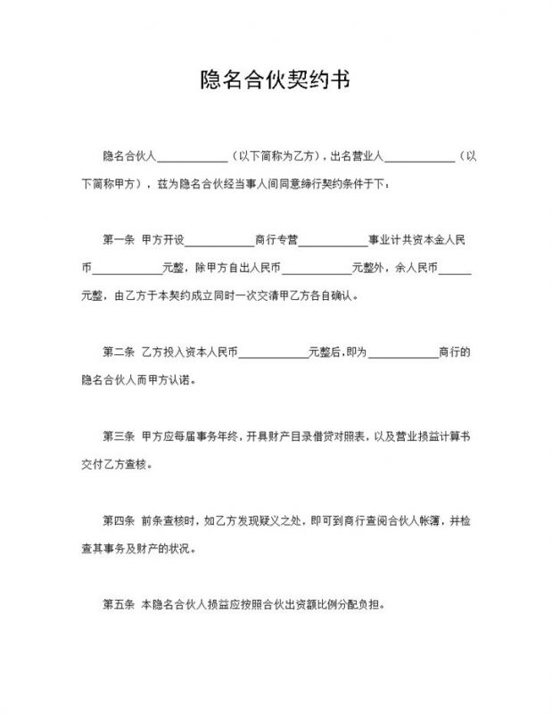 隐名合伙契约书合伙经营投资公司协议书Word模板-办公资源网