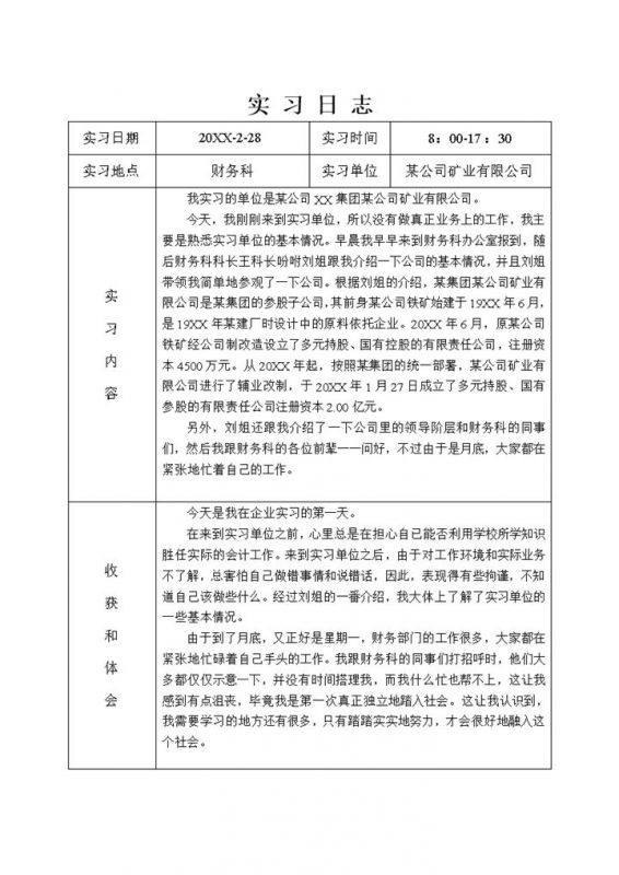 标准实用会计专业毕业实习日志财务会计实习日记Word模板-办公资源网