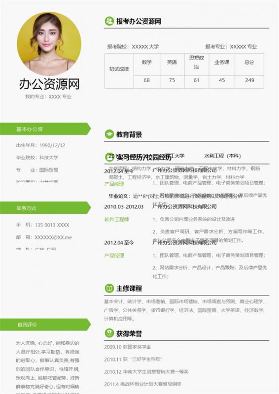 绿色简约风格国际贸易专业个人求职简历Word模板-办公资源网