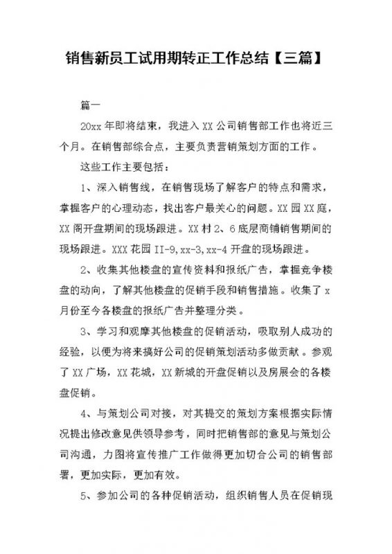 完整全面销售新员工试用期转正年终工作总结Word模板-办公资源网