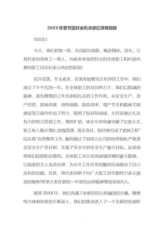20XX年春节团拜会机关单位领导致辞Word模板-办公资源网