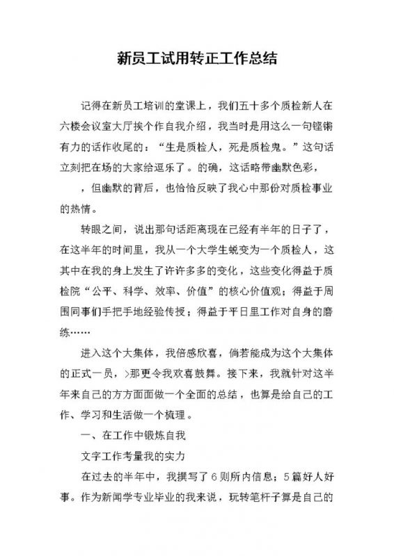 新员工实习试用转正工作总结汇报Word模板-办公资源网