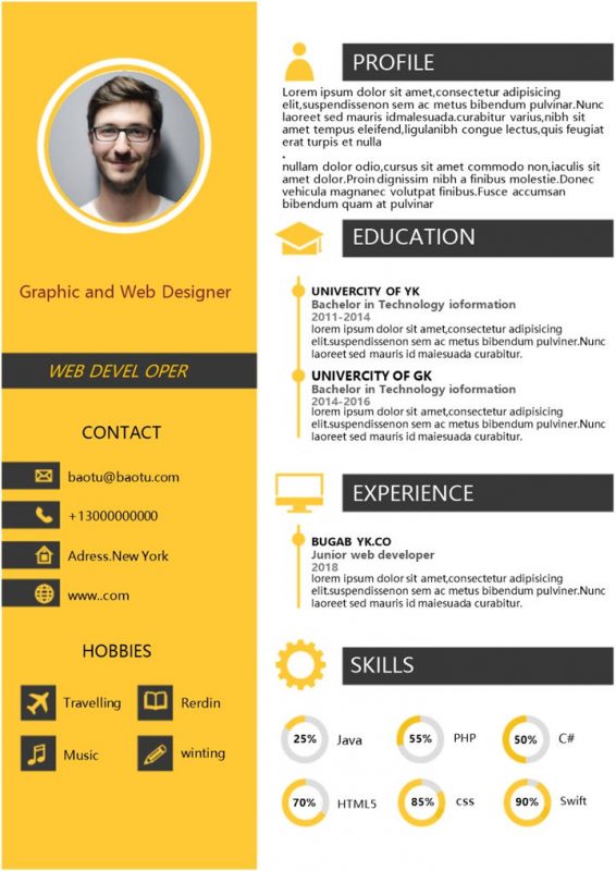 黄色时尚外企英文个人求职简历Word模板-办公资源网