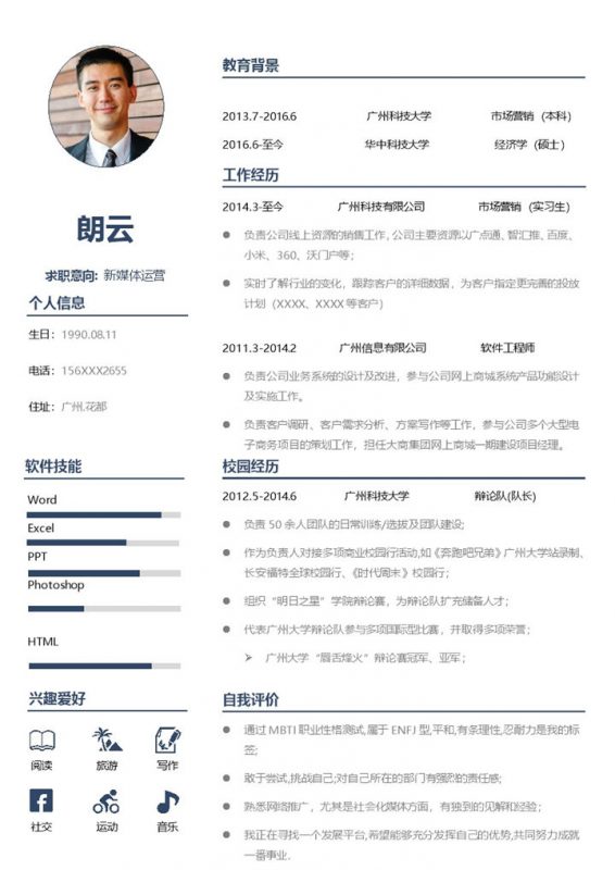 新媒体运营岗位个人工作简历Word模板-办公资源网