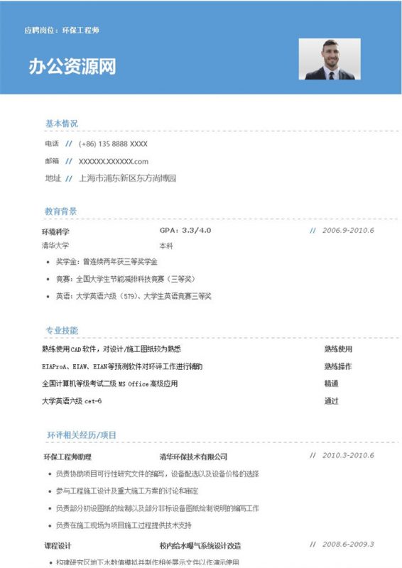 蓝色商务风格环保工程师岗位个人求职简历Word模板-办公资源网