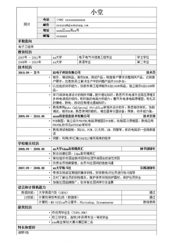 应聘电子工程师岗位简历模板word模板-办公资源网