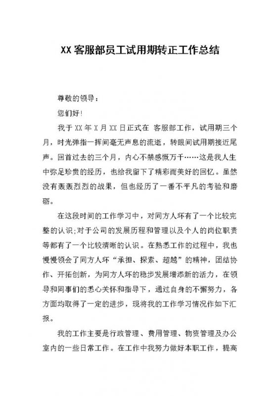 企业公司客服部员工试用期转正工作总结报告Word模板-办公资源网